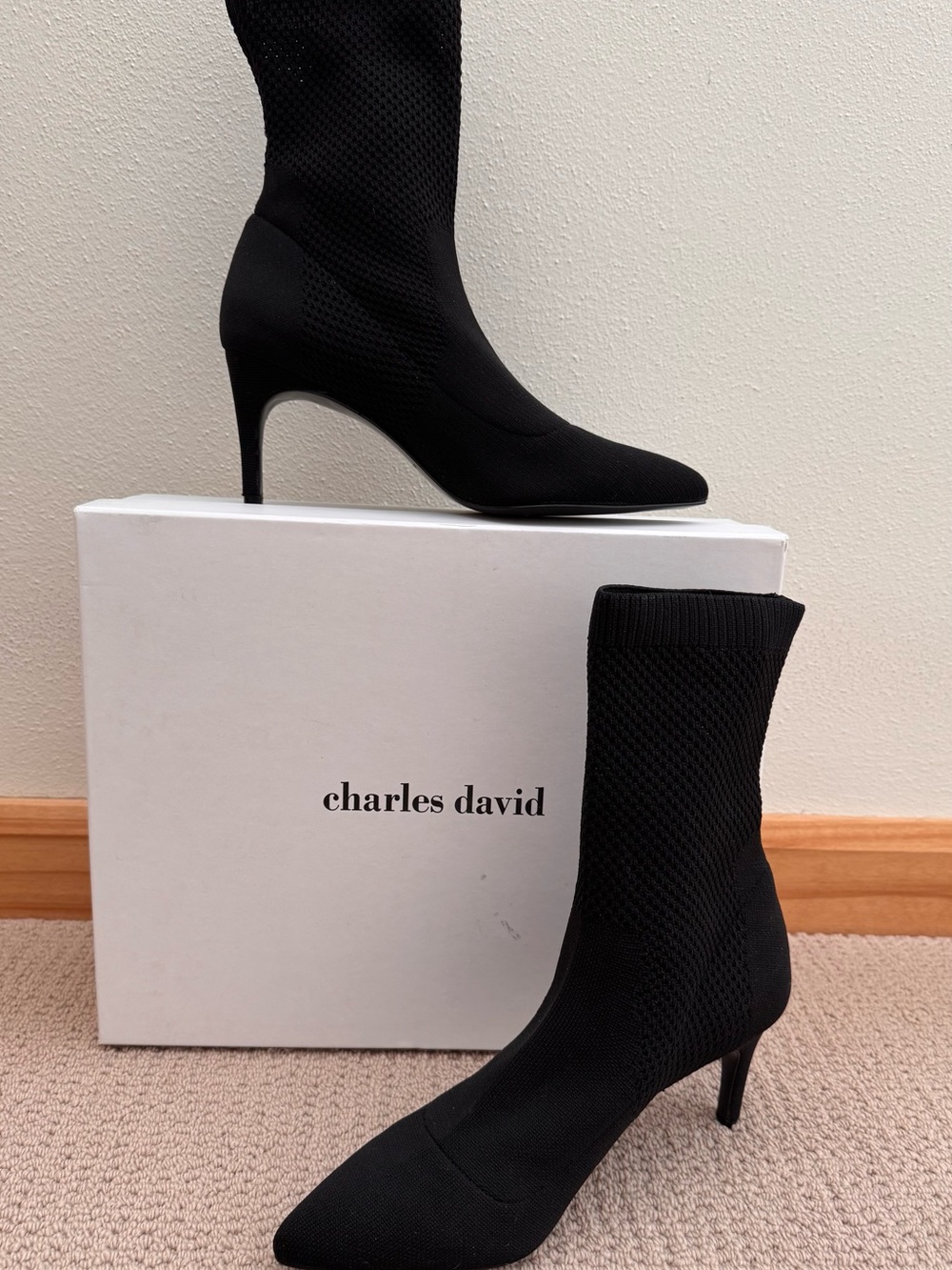 Charles David Black Knit Pointed-Toe Mid-Calf Heeled Boots